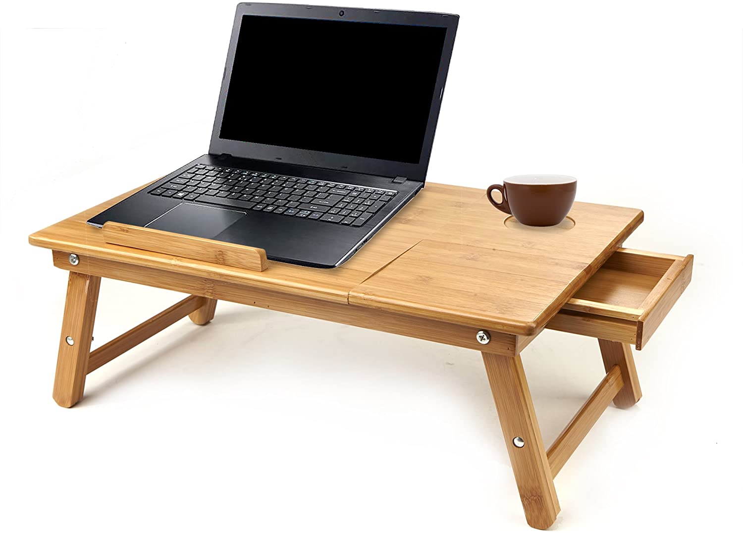 Μικρό ξύλινο γραφείο με laptop και καφέ κούπα πάνω του, το οποίο μπορείς να κρατήσεις στην αγκαλιά σου