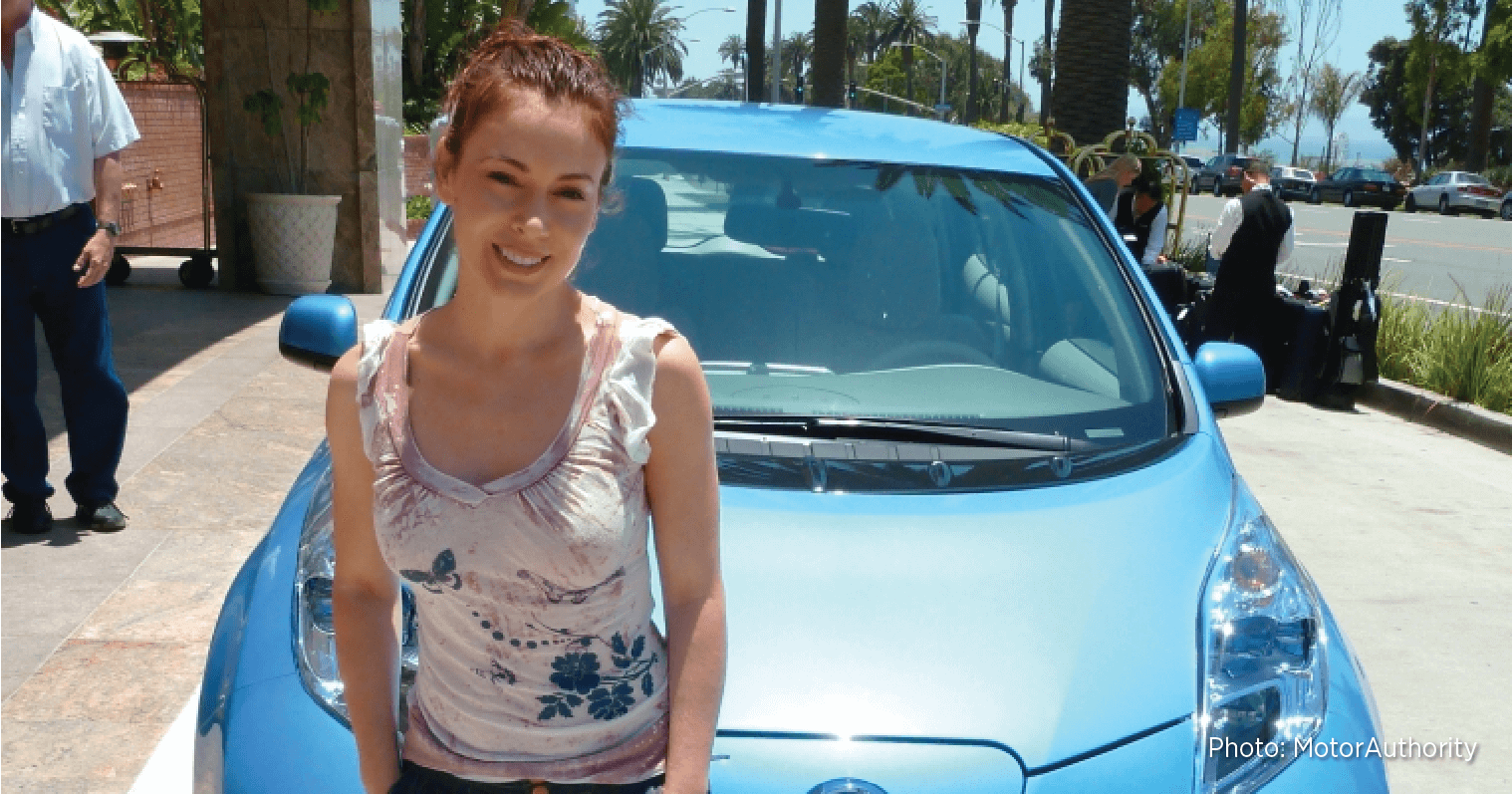 Η Alyssa Milano χαμογελάει ενώ ακουμπά στο καπό του γαλάζιου αυτοκινήτου της